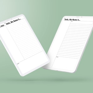 May include: Two white tablets with the text "Hello, My Name Is..." and "June 2016". One tablet has a dotted grid, the other has lined pages. The tablets are floating against a light green background.