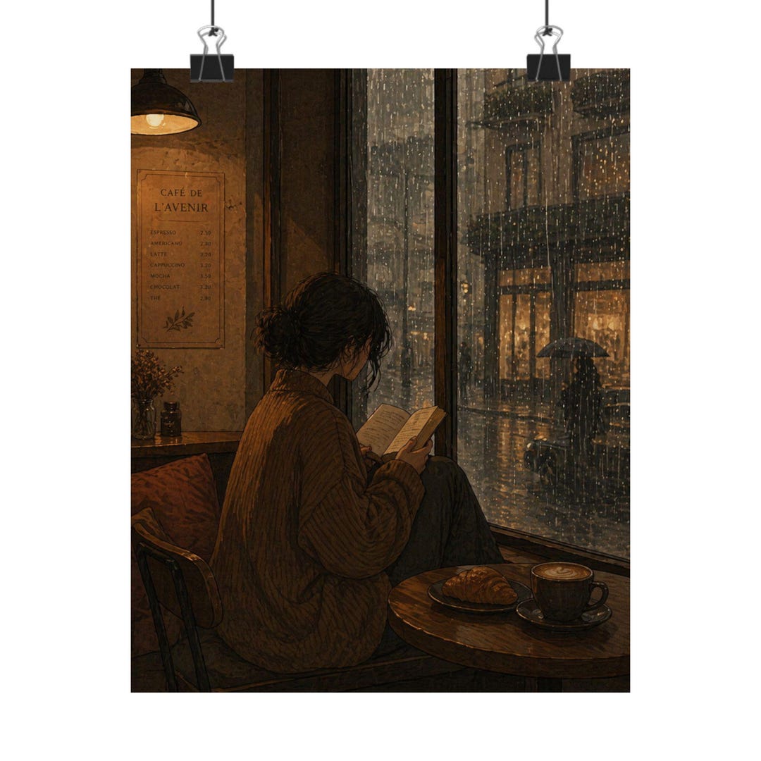 Cozy Rainy Cafe Reader Matte Vertical Poster | Warm Bookstore ...