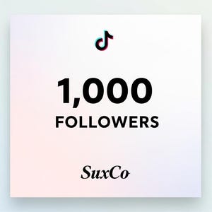 Puede incluir: Un gráfico cuadrado blanco con el logotipo de TikTok, el texto "1,000 FOLLOWERS" en negrita negra y el nombre de la empresa "SuxCo" en una fuente estilizada. Fondo degradado rosa y blanco.