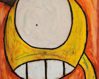 Pineapple Smile, Original Abstract Creature Painting, 16x20 Canvas, Orange