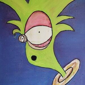 May include: Abstract painting of a green, cartoon-like creature with a large eye and a wide grin. The creature has a pink head and a beige ring. The background is a dark blue with lighter blue speckles.