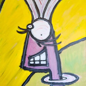 May include: Abstract artwork featuring a cartoon face with a large white eye, purple face, and a toothy grin. The background is yellow with green and black accents. The painting has a whimsical and expressive style.