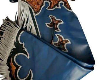 Hand-Tooled Custom Floral Western Rodeo Leather Chaps - Blue Leather Rodeo Chap - Handmade
