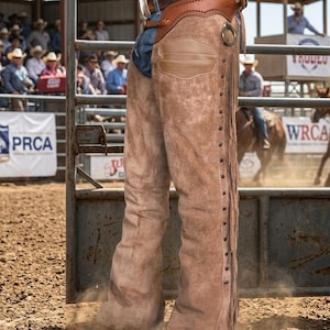 Puede incluir: Una persona con unos chaps de ante marrón con flecos y detalles de tachuelas, combinados con un cinturón de cuero marrón y vaqueros. Los chaps se usan en un evento de rodeo, con espectadores y una arena de rodeo al fondo.