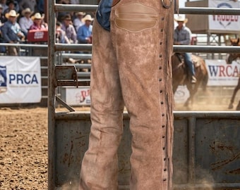 Men's Tan Suede Shotgun Chaps | Western Rodeo Chaps with Side Fringe | Handmade Cowboy Chaps