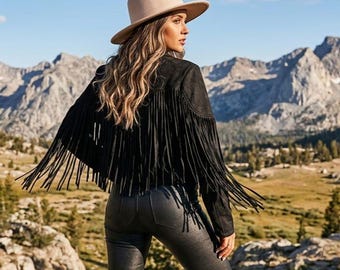 Women's Black Suede Fringe Jacket | Cropped Western Jacket with Long Fringe | Boho Cowgirl Concert Jacket