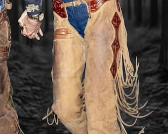 Western läderchaps med fransar för kvinnor | Cowboychaps med hagelgevär och ok | Ranchchaps för häst
