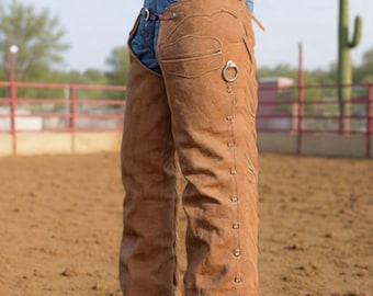 Men's Suede Leather Chap with Fringe, Western Style Cowboy Chaps