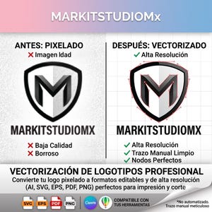 May include: A comparison graphic showing a pixelated logo labeled ANTES: PIXELADO on the left and a clean, vectorized version labeled DESPUÉS: VECTORIZADO on the right. The logo features a black and white shield icon with a central letter M.