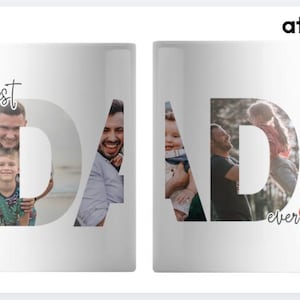 Puede incluir: Taza de cerámica blanca con la palabra "DAD" que incorpora fotos familiares. La palabra "Best" está encima de la "D", y "ever" con un corazón rojo está debajo de la "D". Un regalo atento para un padre.