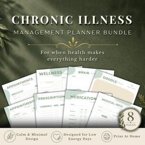 Könnte beinhalten: Ein Chronic Illness Management Planner Bundle mit Seiten für Termine, Wellness, Medikamente und medizinische Informationen. Das Design ist ruhig und minimalistisch, konzipiert für Tage mit geringer Energie. Das Bundle enthält 8 Seiten.