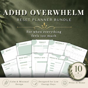 Può includere: Pacchetto di pianificazione di ripristino ADHD Overwhelm con 10 pagine. Il pianificatore include modelli giornalieri, settimanali e mensili, oltre a sezioni per pasti, pulizia e altro. Design calmo e minimalista.