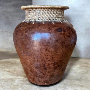 Vintage Handmade Clay Pottery Vase with Woven Rattan Rim | Brown Marbled Glazed Terracotta | Rustic Tribal Boho Decor