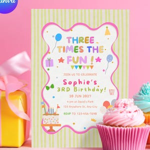 May include: A birthday party invitation with the text "THREE TIMES THE FUN!" in colorful letters. The invitation is decorated with balloons, stars, and a cake. Cupcakes with pink, blue, and yellow frosting are in the foreground.