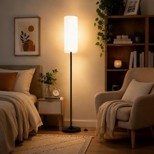 Dimmable Floor Lamp with Remote, LED Standing Lamp for Living Room, Black Tall Pole Light for Bedroom, Office & Kids Room