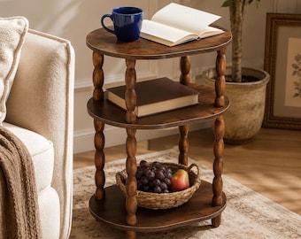 3 Tier Side Table, Modern Oval End Table, Small Nightstand for Bedroom, Rustic Brown Accent Table for Living Room, Sofa Side Table