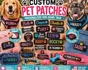 Custom Embroidered Pet Name Patch: Iron On Sew On Dog Badge for Collars, Backpacks