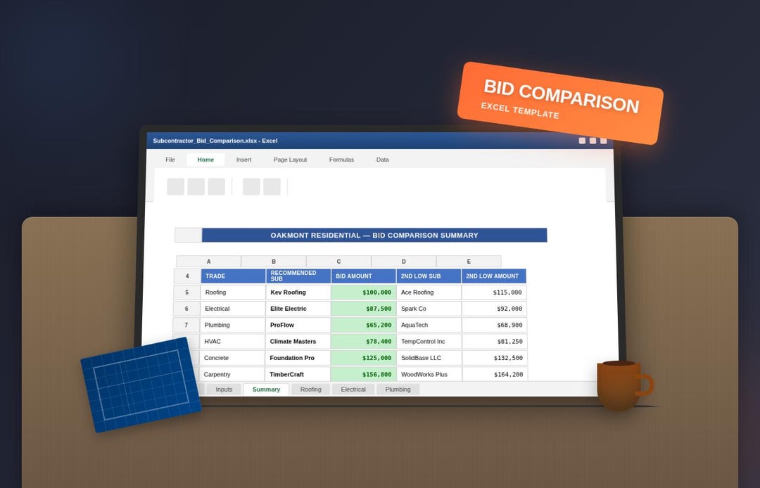Subcontractor Bid Comparison Spreadsheet | Contractor Excel Template ...