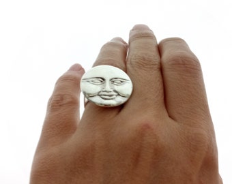 moon face ring sculptured in sterling silver