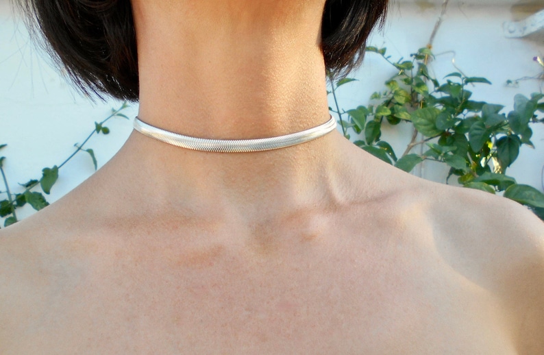 May include: A silver choker necklace with a herringbone design. The necklace is approximately 0.5 inches wide and sits close to the neck. The background features green foliage and a white wall.