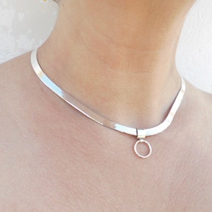 May include: A silver choker necklace with a simple circle pendant.