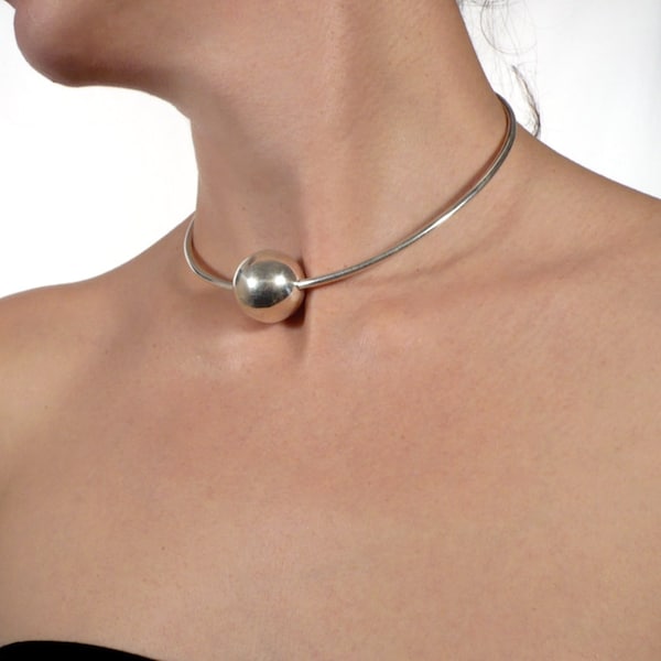 silver open choker ball - modernist style necklace