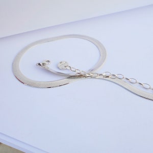 Pu&ograve; includere: Una collana a catena di serpente d'argento con un piccolo ciondolo d'argento. La catena &egrave; disposta su una superficie bianca.