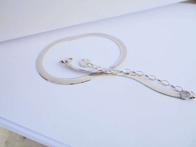 Pu&ograve; includere: Una collana a catena di serpente d'argento con un piccolo ciondolo d'argento. La catena &egrave; disposta su una superficie bianca.