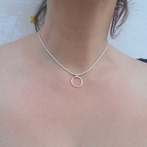 Pode incluir: Um colar de tom prateado com uma corrente fina e texturizada e um pendente circular simples. O pendente est&aacute; preso &agrave; corrente por uma pequena argola met&aacute;lica retangular, criando um design limpo e direto que repousa sobre o pesco&ccedil;o.