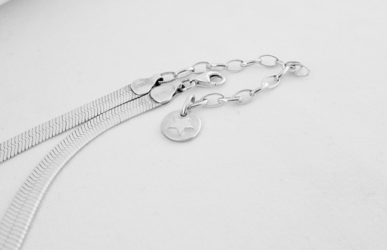 May include: A silver chain necklace with a silver star charm. The chain is a herringbone style and has a lobster clasp.