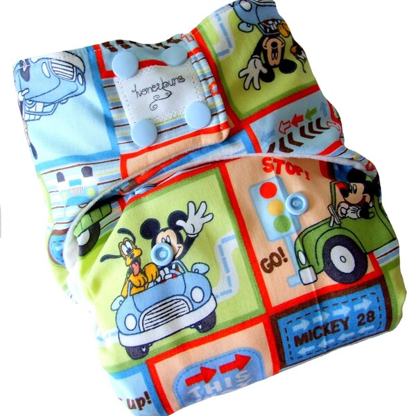 Mickey Mouse Cars One Size Cloth Diaper with PUL Snaps Bamboo Organic Cotton - Newborn Toddler Boys Girls Gender Neutral