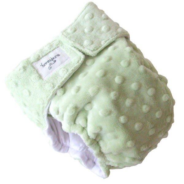 Sage Green fuzzy Minky Dot AIO Cloth Diaper with PUL Velcro - Medium 12 Months Toddler