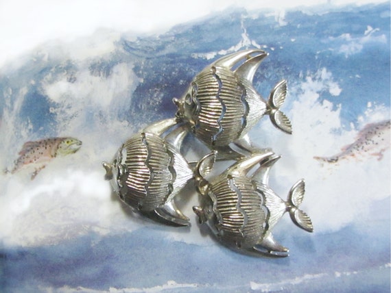 Angel Fish Brooch Pierced Metal Silver Tone Pin B… - image 1