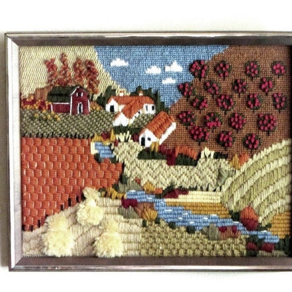 Framed Crewel Embroidery Country Farm Barn Buildings Apple Orchard Wood Frame Gold Trim Ready to Hang  Wall Art Hanging