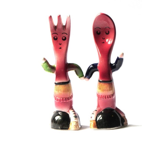 Anthropomorphic Fork and Spoon Salt and Pepper Shakers Hand Painted Pink S & P Spice Containers  Mid Century Japan Kitchen Kitsch Decor
