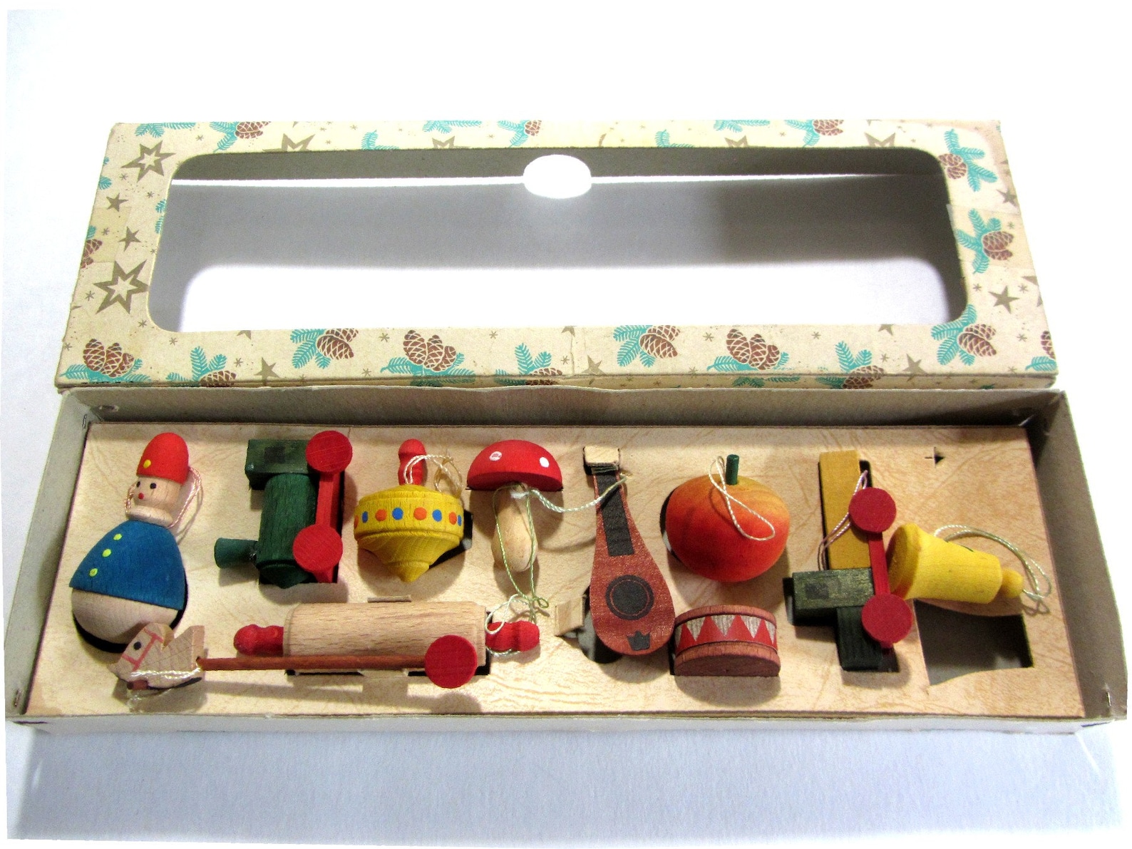 Vintage Erzgebirge Ornaments Christmas Tree Wooden Handcrafted Mini Toys Germany Original Box