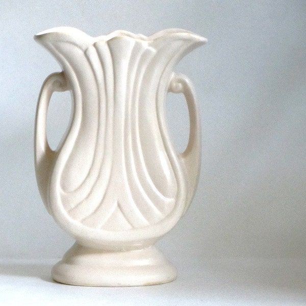Hull White Mardi Gras Grenada Vase Art Deco Style Handled Flower Pot Urn 1940s Art Pottery Decor