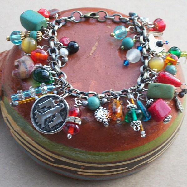 Southwestern Cha Cha Bracelet Turquoise Czech Glass Token Charms