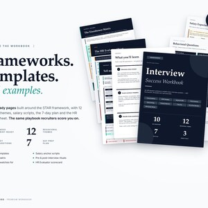 Puede incluir: Un conjunto de cuadernos de trabajo con el texto "Frameworks. Templates. Real examples." Los cuadernos incluyen 32 páginas listas para imprimir, 12 temas de comportamiento y guías de éxito en entrevistas. Una portada de cuaderno dice "Interview Success Workbook."