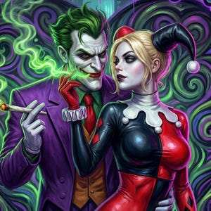 Pode incluir: Uma ilustração digital intitulada TWILIGHT TOKERS apresentando o Joker num fato roxo e a Harley Quinn num fato vermelho e preto. O Joker segura um cigarro aceso com fumo verde, contra um fundo de um grande coração roxo ornamentado.
