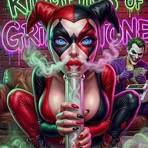 Pode incluir: Uma ilustração digital apresentando um personagem em um traje de bobo da corte vermelho e preto usando um cachimbo de água de vidro. Atrás, um letreiro de neon diz KINGPINS OF GRINDSTONE. Um segundo personagem de terno roxo conta dinheiro.