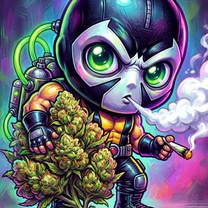 Pode incluir: Um personagem de desenho animado estilizado usando uma máscara preta com grandes olhos verdes, um traje amarelo e preto e uma mochila com tubos verdes. O personagem segura uma planta verde grande e um cigarro aceso que emite fumaça branca.
