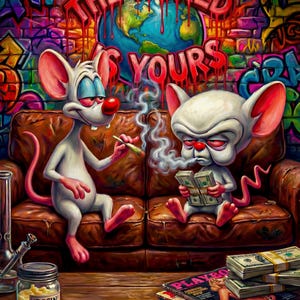 Pode incluir: Dois ratos brancos de desenho animado com orelhas e narizes cor-de-rosa sentados num sofá de couro castanho. Um segura um cigarro aceso, o outro segura um maço de notas. Atrás deles, uma parede de tijolo com o graffiti THE WORLD IS YOURS. Um frasco de resina e maços de notas estão sobre uma mesa de madeira.
