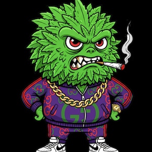 Pode incluir: Uma personagem de desenho animado com cabeça de folhas verdes, olhos vermelhos e dentes afiados, fumando um cigarro. A personagem veste um casaco roxo com fecho e calças a combinar com um padrão de logótipo vermelho e verde, uma corrente dourada e sapatilhas brancas.