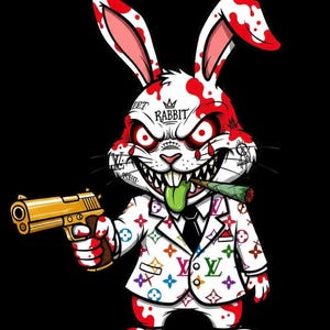 Pode incluir: Um personagem de coelho de desenho animado com respingos de sangue vermelho, olhos vermelhos e dentes afiados, vestindo um terno branco com um padrão de monograma colorido. O coelho segura uma pistola dourada e um charuto verde. Texto: RABBIT.