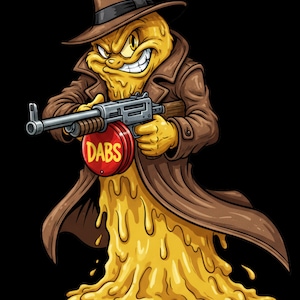 Pode incluir: Um personagem amarelo, viscoso e derretido, vestindo um sobretudo e chapéu fedora castanhos, segurando uma metralhadora cinzenta com um carregador circular vermelho com o texto amarelo DABS, sobre um fundo preto.