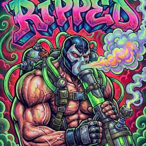 Pode incluir: Uma ilustração vibrante apresentando um personagem musculoso usando uma máscara preta e um aparelho com tubos verdes, segurando um dispositivo verde brilhante. A palavra RIPPED está escrita em letras grandes e coloridas estilo grafite.