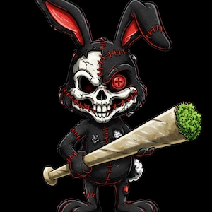Pode incluir: Um personagem de coelho preto com rosto de caveira, orelhas internas vermelhas e detalhes de costura vermelhos. O personagem tem um olho de botão vermelho e segura um taco de beisebol grande e claro com uma ponta verde texturizada.