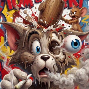 Pode incluir: Uma ilustração gráfica colorida com as personagens de desenhos animados Tom e Jerry. Jerry segura um martelo de madeira sobre a cabeça de Tom, causando um efeito de salpico. Tom tem um olho para fora, segura um cigarro aceso e exala fumo. O texto TOM & JERRY aparece no topo contra um fundo vibrante de estilo graffiti com salpicos de tinta vermelha, azul e amarela.