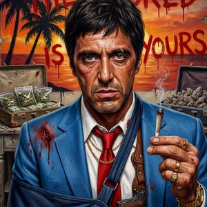 Pode incluir: Um retrato de um homem de fato azul com gravata vermelha, correntes de ouro e coldre de ombro. Ele tem um braço ferido numa tipoia azul, segura um cigarro aceso e usa anéis de ouro. Ao fundo, um pôr do sol com palmeiras e o texto THE WORLD IS YOURS.